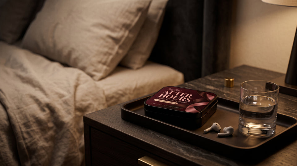 After Hours chocolate-flavoured oral strips on a bedside table
